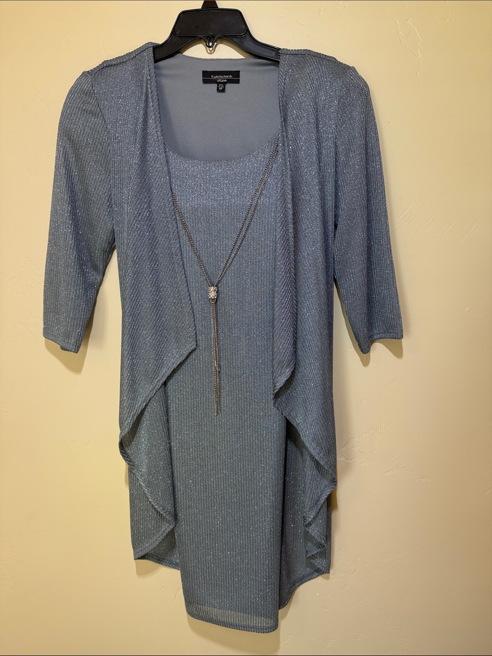 R&M Richards Light Blue Metallic Knit Layered Dress with Necklace